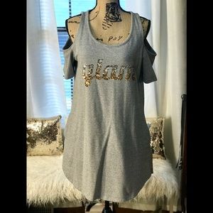 Cold shoulder comfy gray sequined glam shirt dress